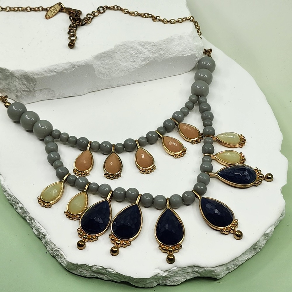 New York & Co Multicolor Beaded Teardrop Fringe Statement Necklace Gold Tone